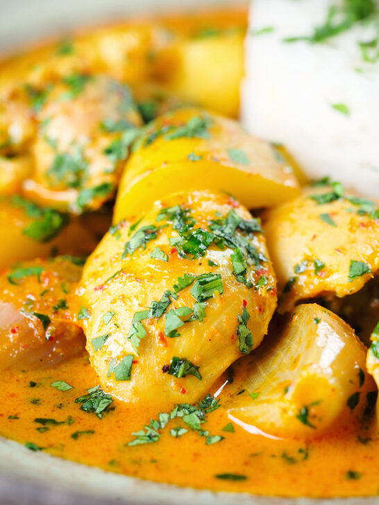 Close-up Thai yellow chicken curry with new potatoes, shallots, steamed jasmine rice and coriander.