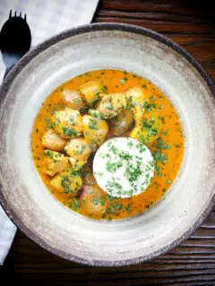 Overhead Thai yellow chicken curry with new potatoes, shallots, steamed jasmine rice and coriander.