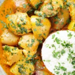 Overhead close-up Thai yellow chicken curry with new potatoes, shallots, steamed jasmine rice and coriander.