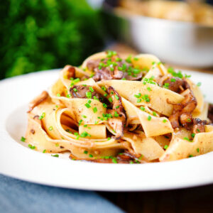 Chicken liver and shiitake mushroom pasta (pappardelle) with sage, balsamic vinegar and butter.
