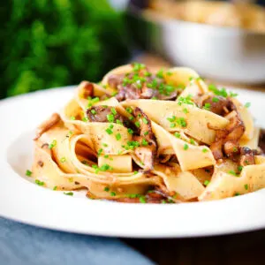 Chicken liver and shiitake mushroom pasta (pappardelle) with sage, balsamic vinegar and butter.