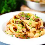 Chicken liver and mushroom pasta with sage, balsamic vinegar and butter.