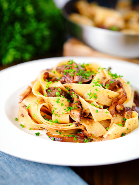 Chicken liver and mushroom pasta with sage, balsamic vinegar and butter.