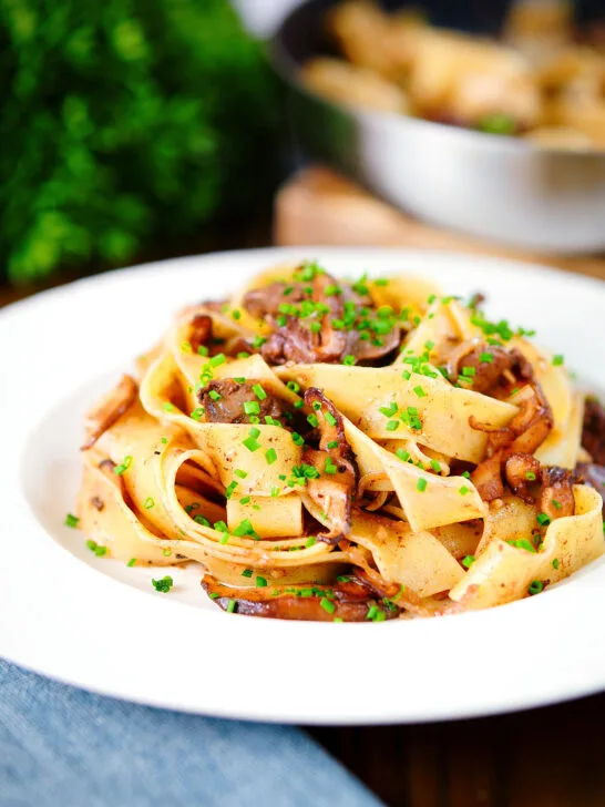 Chicken liver and mushroom pasta with sage, balsamic vinegar and butter.