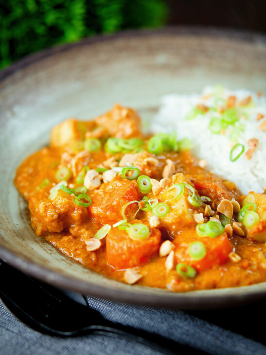 Domoda a West African stew, vegan version with sweet potato and carrot, served with rice.