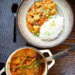 Overhead domoda a West African stew, vegan version with sweet potato and carrot, served with rice.