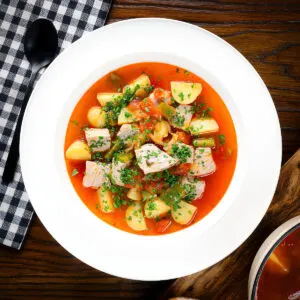 Marmitako, Basque (Spanish) tuna stew with potatoes, green pepper and paprika.