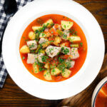 Overhead Marmitako, Basque tuna stew with potatoes, peppers and smoked paprika.