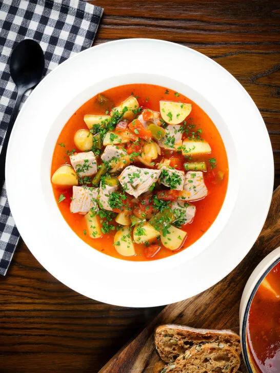 Overhead Marmitako, Basque tuna stew with potatoes, peppers and smoked paprika.