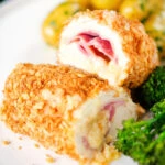 Air fryer chicken cordon bleu with buttered potatoes and broccoli.