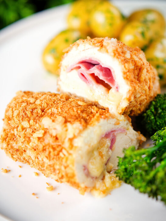 Air fryer chicken cordon bleu with buttered potatoes and broccoli.