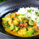 Sayur kare, a Balinese vegetable and tofu curry served with Jasmine rice and fresh coriander.