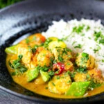 Sayur kare, a Balinese vegetable and tofu curry served with Jasmine rice and fresh coriander.