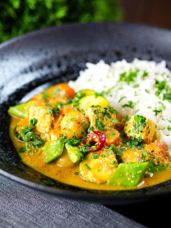 Sayur kare, a Balinese vegetable and tofu curry served with Jasmine rice and fresh coriander.