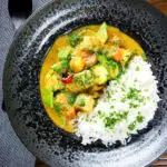 Overhead sayur kare, a Balinese vegetable and tofu curry served with Jasmine rice and fresh coriander.