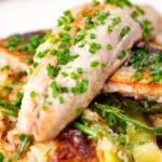 Mackerel fillets with horseradish, leek, potato and samphire hash.