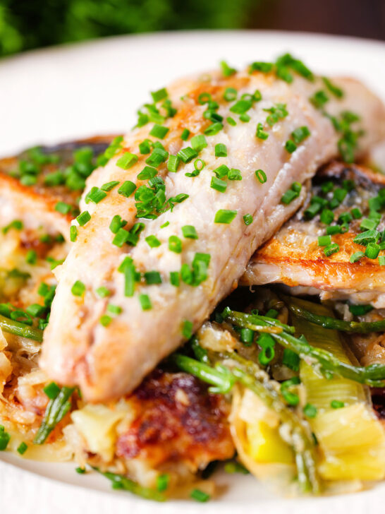 Mackerel fillets with horseradish, leek, potato and samphire hash.