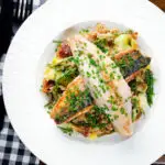 Overhead mackerel fillets with horseradish, leek, potato and samphire hash.