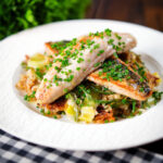 Pan fried mackerel fillets with horseradish, leek, potato and samphire hash.