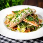 Pan fried mackerel fillets with horseradish, leek, potato and samphire hash.