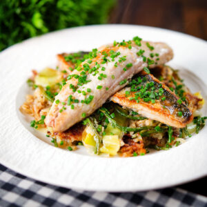 Pan fried mackerel fillets with horseradish, leek, potato and samphire hash.