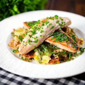 Pan fried mackerel fillets with horseradish, leek, potato and samphire hash.