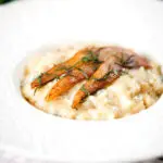 Pear, walnut and Gorgonzola risotto with fried pear slices.