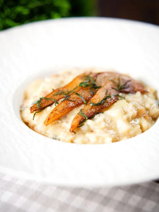 Pear, walnut and Gorgonzola risotto with fried pear slices.