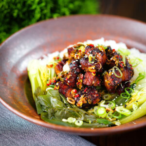 Chinese salt and pepper pork belly bites with pak choi and Jasmine rice.