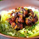 Crispy Chinese salt and pepper pork belly bites with pak choi and Jasmine rice.