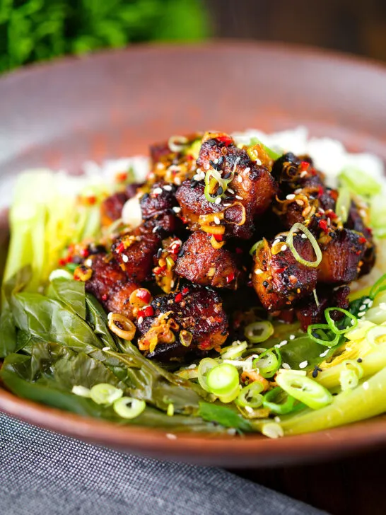 Crispy Chinese salt and pepper pork belly bites with pak choi and Jasmine rice.