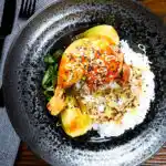 Overhead Chinese influenced soy sauce braised chicken leg with pak choi and rice.