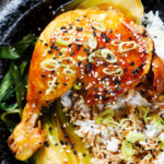 Close-up overhead Chinese influenced soy sauce braised chicken leg with pak choi and rice.