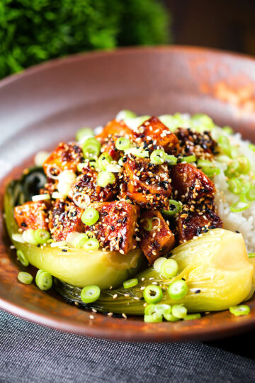 Spicy sticky sesame tofu served with pak choi and jasmine rice.