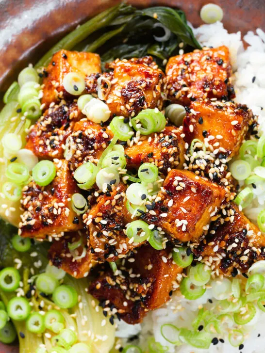 Close-up overhead spicy sticky sesame tofu served with pak choi and jasmine rice.