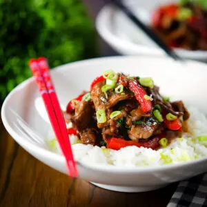 Spicy Thai basil and beef stir fry served with lime jasmine rice.