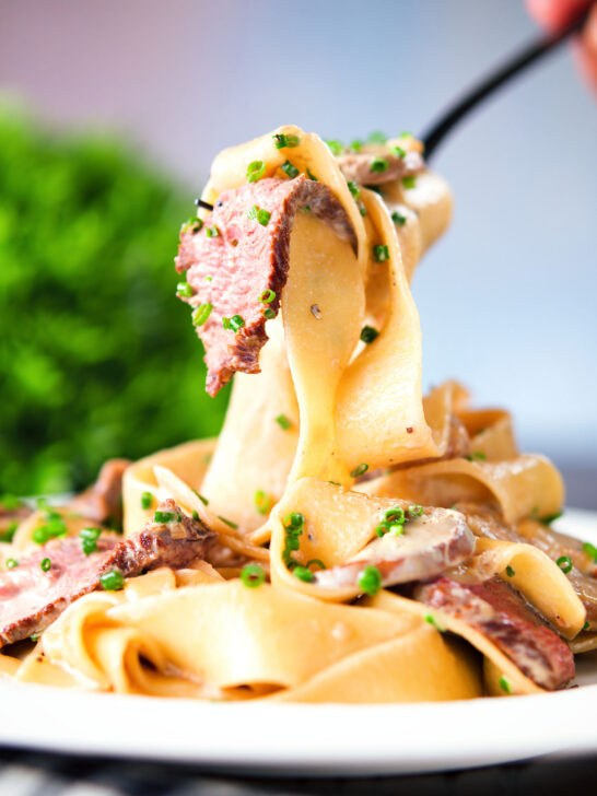 Creamy steak and mushroom pasta with a "Diane" sauce being picked up with a fork.