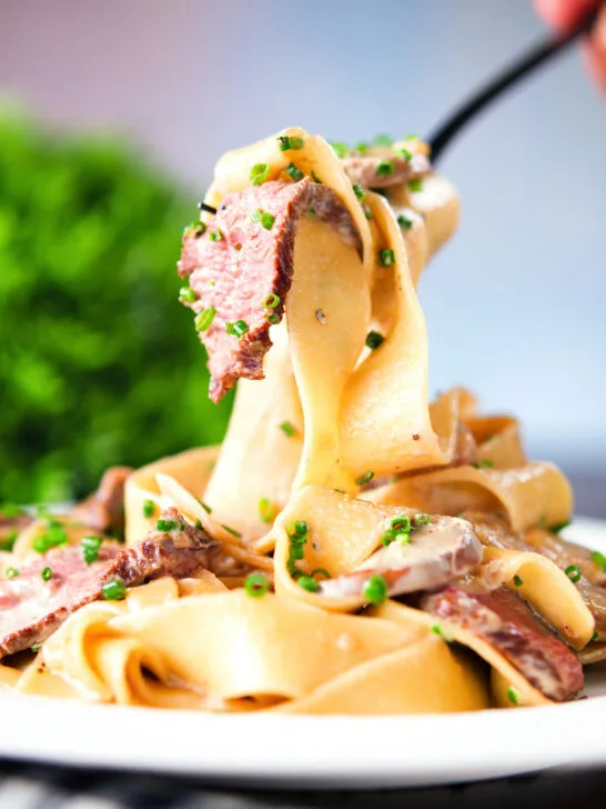 Creamy steak and mushroom pasta with a "Diane" sauce being picked up with a fork.