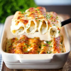 Crab meat, fennel and cottage cheese stuffed and baked cannelloni.