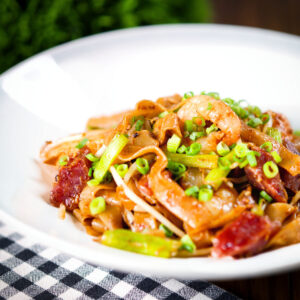 Char kway teow (rice noodle stir fry) with Chinese sausage and prawns.