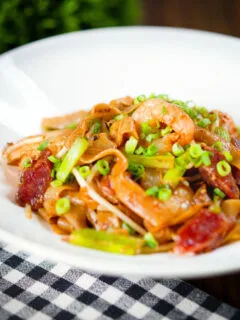 Char kway teow (flat rice noodle stir fry) with Chinese sausage and prawns.