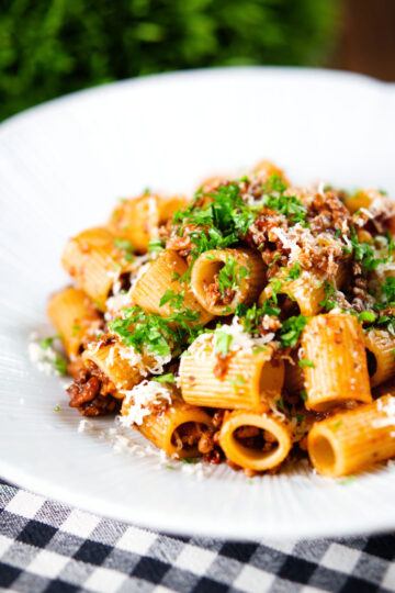 Pork mince pasta with balsamic vinegar, sun-dried tomatoes and sage.
