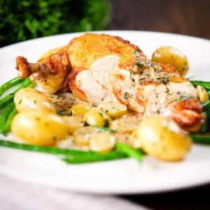 Roast chicken supr&ecirc;me with Veronique sauce (grapes, vermouth and tarragon), new potatoes and fine beans.