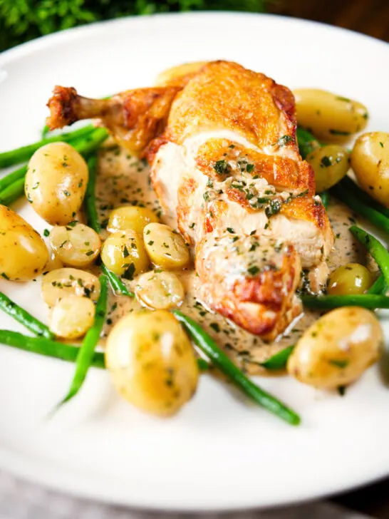 Close-up chicken with Veronique sauce (grapes, vermouth and tarragon), new potatoes and fine beans.