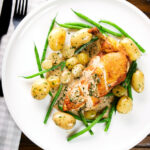 Overhead chicken with Veronique sauce (grapes, vermouth and tarragon), new potatoes and fine beans.
