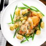 Overhead chicken with Veronique sauce (grapes, vermouth and tarragon), new potatoes and fine beans.