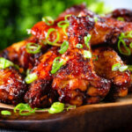 Close up Chinese chicken wings with spare rib inspired glaze.