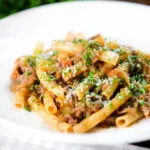 Pasta alla Genovese: beef and onion ragu with ziti.