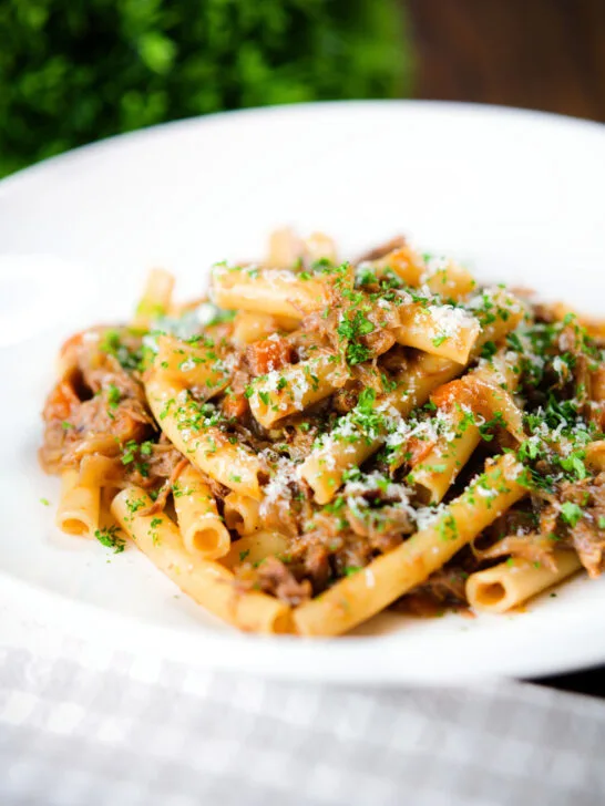 Pasta alla Genovese: beef and onion ragu with ziti.