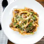 Overhead pasta alla Genovese: beef and onion ragu with ziti.